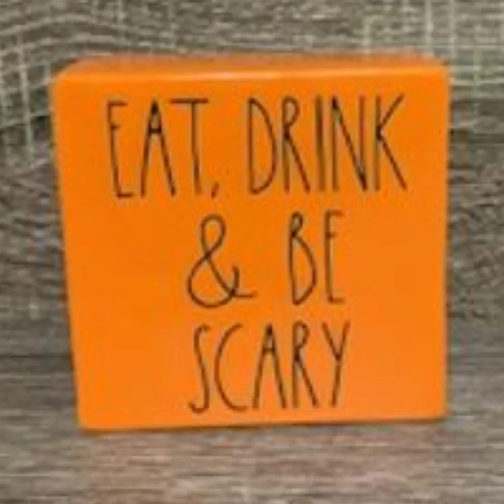 Rae Dunn Eat Drink and Be Scary Paperweight Orange Pottery Halloween Square Sign